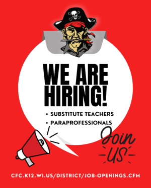 We are Hiring! Substitute teachers and Paraprofessionals - Join us! with pirate logo and bullhorn