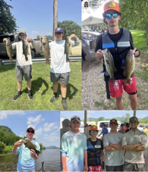Collage of 4 photos of Logan, Rylee, Trevor and Damien holding up fishes they caught