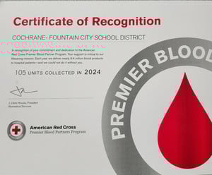 American Red Cross Certificate of Recognition for CFC's 2024 Blood Drive - 105 units collected