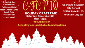 Snowy trees with message inviting all to the C-FC PTO Holiday Craft Fair on Saturday, Dec. 6, 2025 at the school