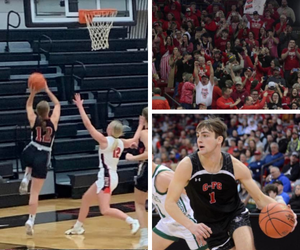 Photo collage of girls basketball player in layup, boys basketball player driving the ball and fans cheering