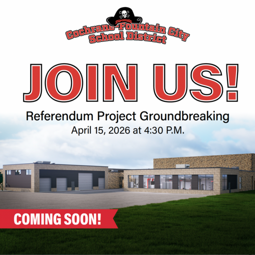 Rendering of new referendum-approved space in the back of the school with message: "Join us for Groundbreaking April 15 at 4:30 p.m.