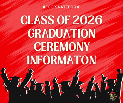 Cochrane-Fountain City Class of 2026 Graduation Ceremony with black silhouettes of graduates throwing their arms in the air