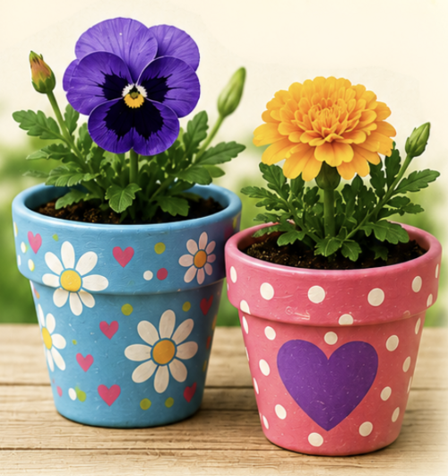 Brightly colored mini flower pots with yellow and purple flowers